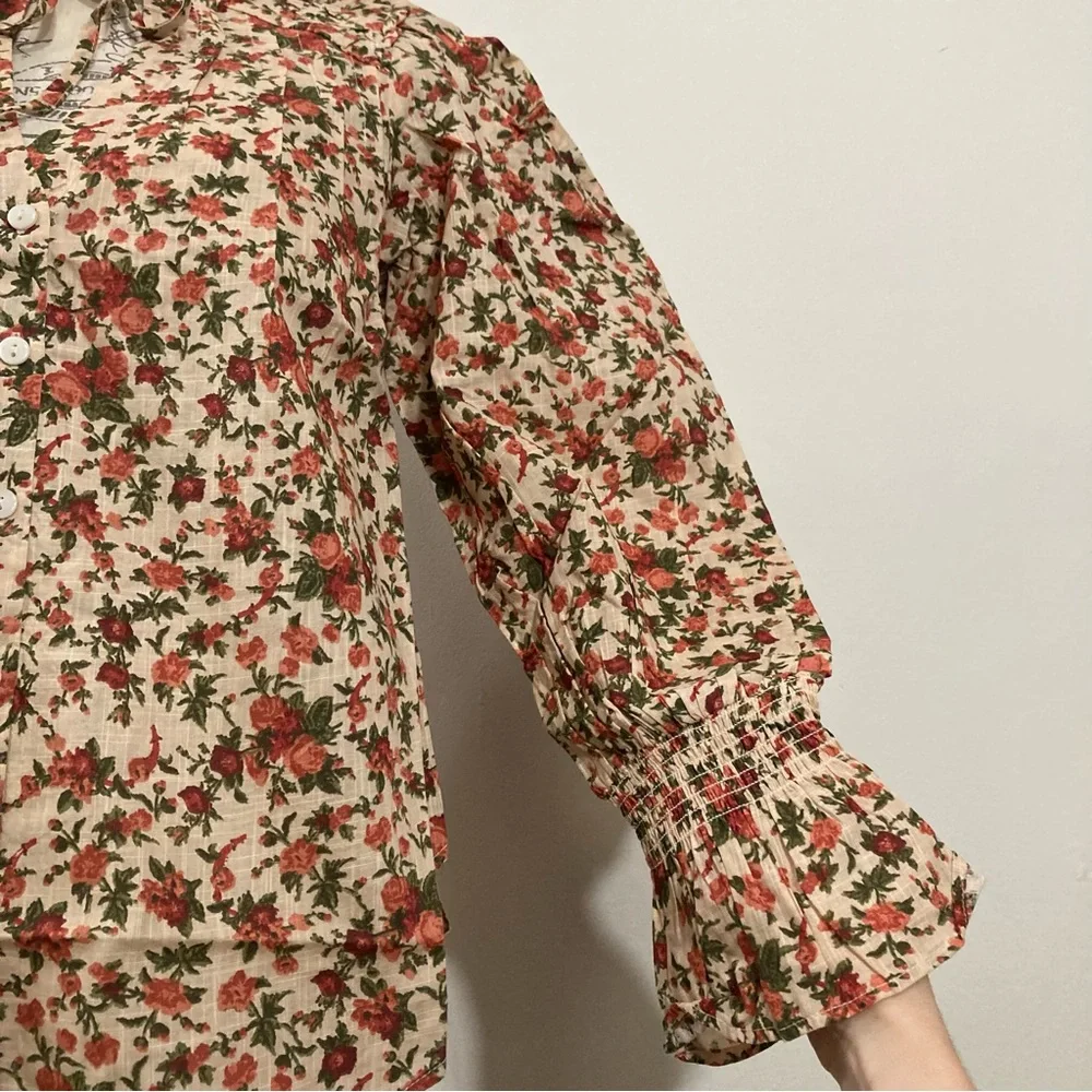 Free People Meant To Be Floral Roses Cotton Poet Blouse Statement Sleeves